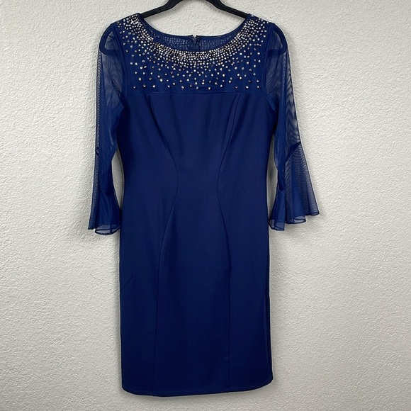 New Alex Evenings Beaded Neckline Sheath Dress Illusion Sleeves Blue Sz 6 - Picture 2 of 12